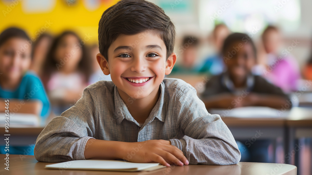 Poster hispanic elementary student smiling in classroom at desk