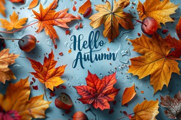 Colorful autumn leaves with "Hello Autumn" text on a vibrant blue background.