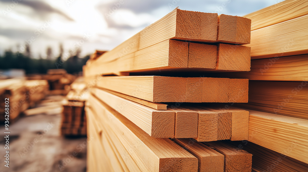 Poster stack of wooden beams waiting to be used in construction project