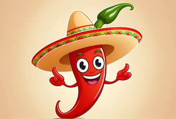 joyful cartoon chili pepper character wearing sombrero