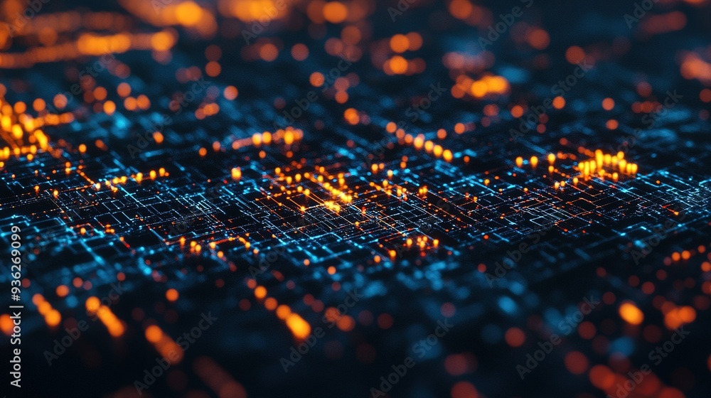 Poster vibrant digital network visualization representing interconnected nodes in a futuristic urban landsc