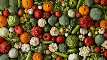 A vibrant collection of fresh vegetables and fruits arranged beautifully on a surface highlighting autumn harvest colors and textures