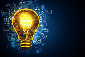 Glowing light bulb showing business plan and ideas on blue background