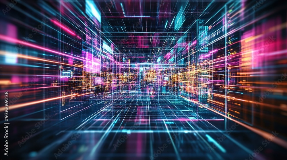 Poster Vibrant digital abstraction depicting an illuminated virtual environment with neon colors in motion