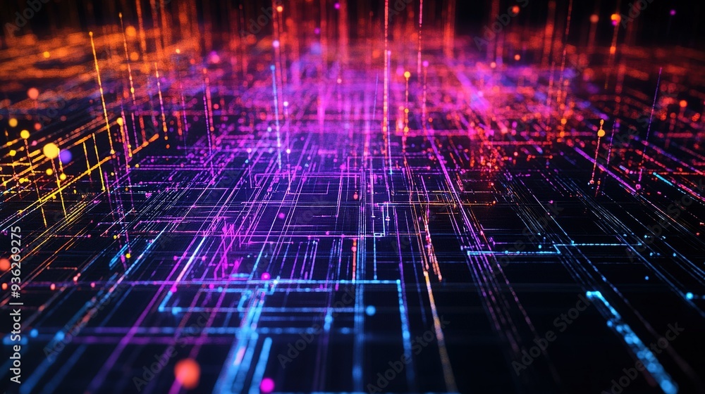 Aufkleber a vibrant digital landscape with glowing lines and dots, creating a network pattern, showcasing tech
