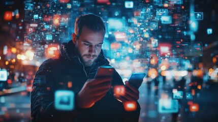 Man using phone in city at night with digital interface