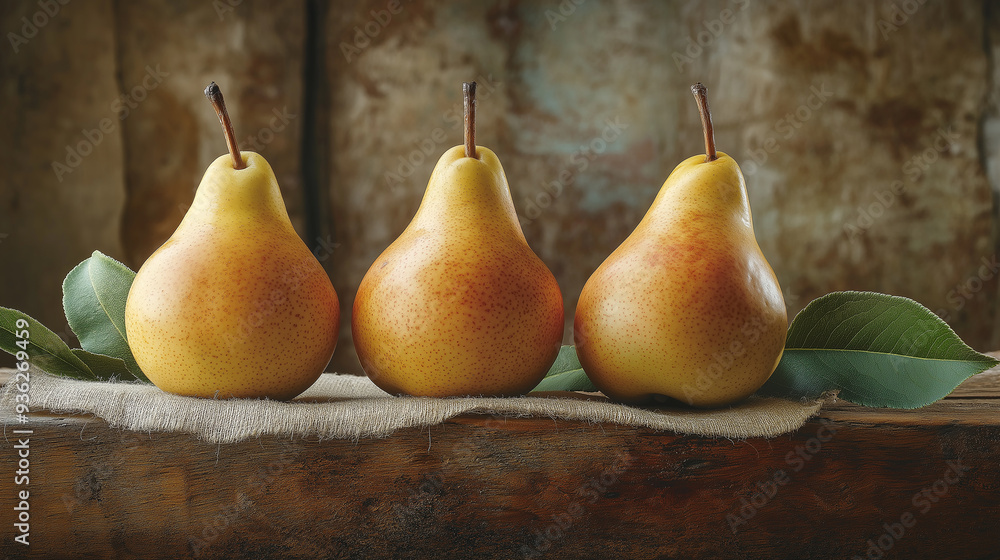 Poster three ripe pears resting on rustic wooden surface with leaves