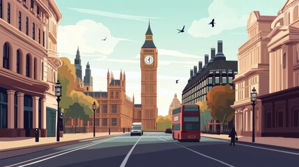 Obraz premium Streetlevel view of London, looking up at Big Ben and surrounding architecture, flat design illustration