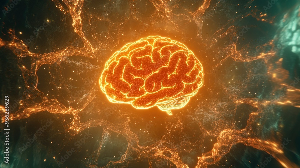 Aufkleber a glowing orange brain illustration representing cognitive functions and neural connections in a fut