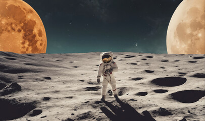 An astronaut stands on the surface of the moon, with a large, orange moon in the background
