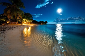 A serene beach scene under a full moon, with palm trees and calm ocean waters reflecting the moonlight.