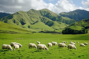 Obraz premium Sheep grazing peacefully in a lush green meadow surrounded by rolling hills on a sunny day