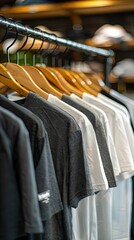 Fototapeta premium Grey and white t shirts on wooden hanger in store
