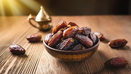 A bowl of delicious dates on a wooden table, with a decorative pot in the background, illuminated by warm light.