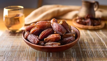 A bowl of sweet, ripe dates displayed on a rustic table, accompanied by a glass of drink, perfect for healthy snacking.