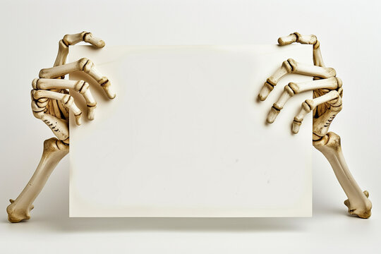 Skeleton hands holding blank white sign against white background. Pair of skeleton hands holds empty white sheet of paper, positioned prominently against plain background, Halloween template.