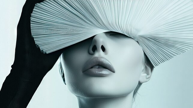   A woman with white hair and a black glove on her head is concealing her face with a white pleated sheet