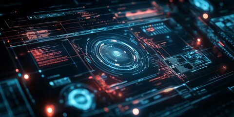 Futuristic holographic interface with glowing lines and data visualization of ai