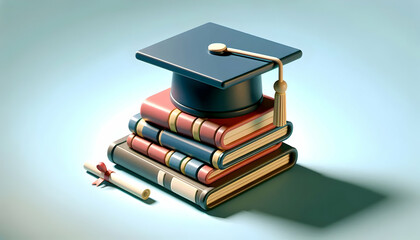 3D Flat Icon of Graduation Cap and Books on Clean Background   Symbolizing Academic Achievements and Education Journey | Isolated White Background