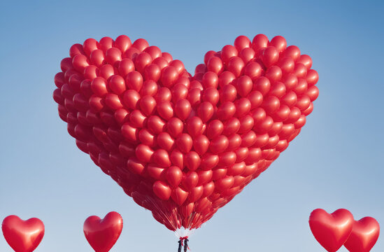 A large heart-shaped balloon made of hundreds of red balloons floats in the sky