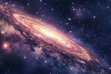 Glowing spiral galaxy with bright center and dust clouds in deep space.