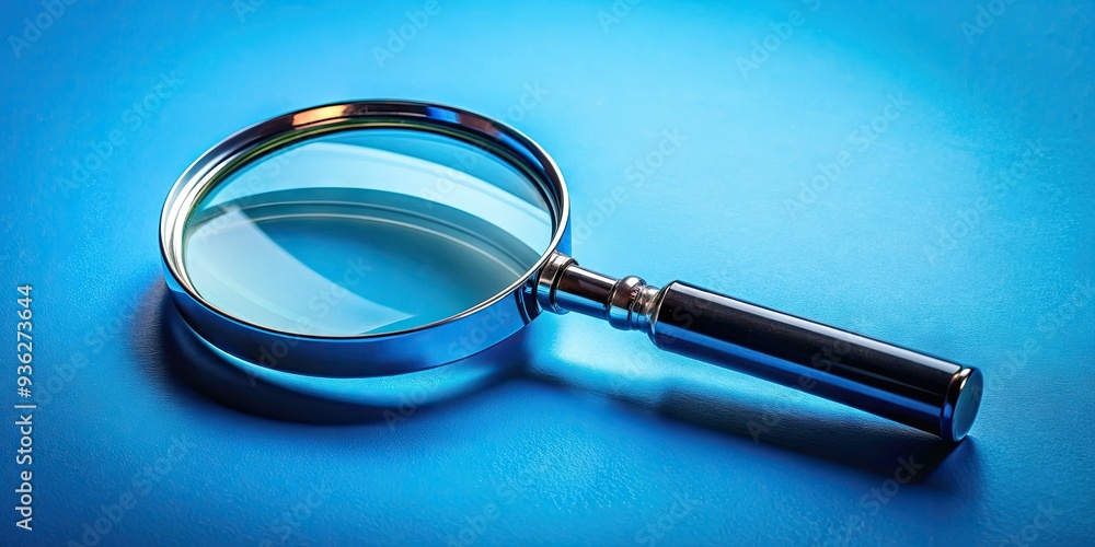 Poster a handheld magnifying glass on a blue background with copy space, symbolizing in-depth analysis, tho