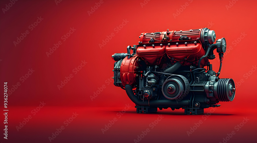 Poster engine power: a red background with copy space and a powerful engine