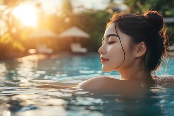 Fototapeta premium Entspannte junge Frau im Pool bei Sonnenuntergang