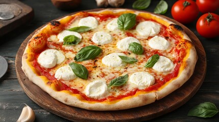 neapolitan homemade pizza margarita from the brick oven. Napoleon Italian Pizza with fresh mozzarella and basil leaves. true Italian Traditional Pizza Margherita