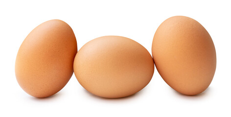 Three fresh brown chicken eggs in stack isolated on white background with clipping path