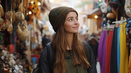 Obraz premium A solo traveler enjoys the vibrant atmosphere of a busy market, admiring the local crafts and colors surrounding her