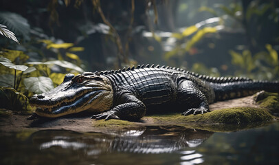 Fototapeta premium A large alligator rests on a muddy bank near a pool of water in a lush, tropical forest