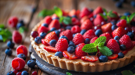 a freshly baked berry tart, topped with a mix of strawberries, blueberries, and raspberries, set on a rustic wooden table with scattered berries and mint leaves