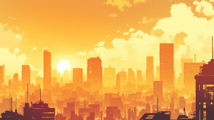 Obraz premium city Skyline at Sunset, Featuring Sun Setting Behind Tall Buildings and Clouds in the Sky