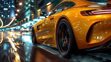 yellow fast moving car at night