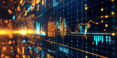 Futuristic holographic interface with glowing lines and AI data visualizations