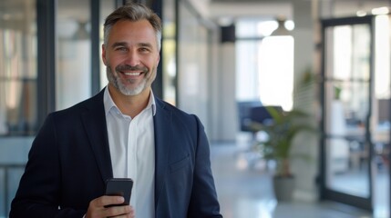 Businessman with good personality smiling happily holding a mobile phone in the office Ready for the company's operations