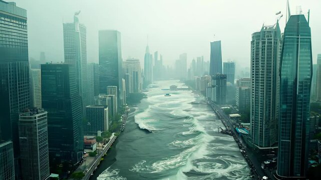 Visualization of a metropolis flooded by a giant wave.