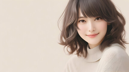 Naklejka premium Smiling Woman with Brown Hair and Soft Makeup, Copy Space for Your Brand