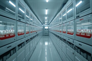 Obraz premium Interior view of a modern incubation facility with rows of eggs in trays