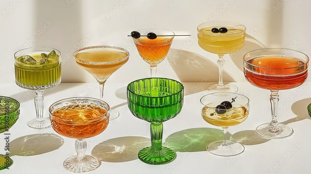 Poster a table topped with glasses filled with various drinks and garnished with olives and lemons