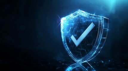 "Secure Shield Design: Iconic Shield with Check Mark Inside a Transparent Sphere, Enhanced with a Hexagon Pattern and Blue Background, Symbolizing Network Safety and Protection"