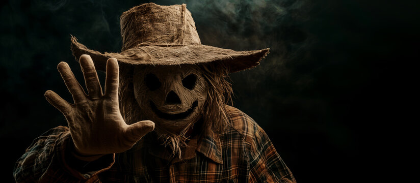 A smiling scarecrow with a straw hat makes a welcoming gesture