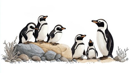 Obraz premium A charming illustration of a group of penguins gathered on a rocky shore, surrounded by birds and marine plants.