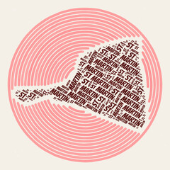 Saint Martin Round Poster. Typography style image of Country. Regions word clouds of Saint Martin. Vintage image design with scratch texture.