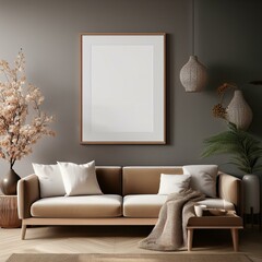 Mockup frame in living room interior, 3d render
