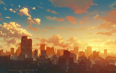 Fototapeta premium city Skyline at Sunset, Featuring Sun Setting Behind Tall Buildings and Clouds in the Sky