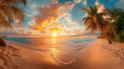 Sunset Paradise: Tropical Beach with Palm Trees