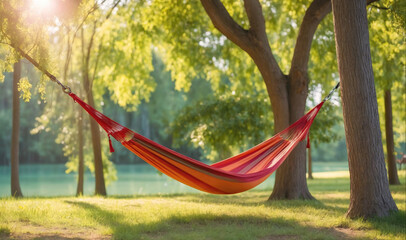 A red hammock hangs between two trees in a grassy area