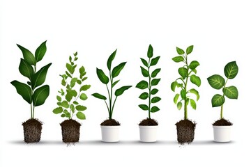 A collection of green plants in white pots, showcasing various shapes and sizes, perfect for home or office decor.